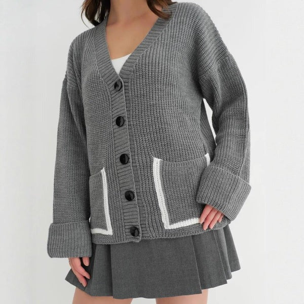 Women’s Knit Cardigan – Relaxed Fit – Wool Blend – Ribbed – V-Neck – Patch Pockets