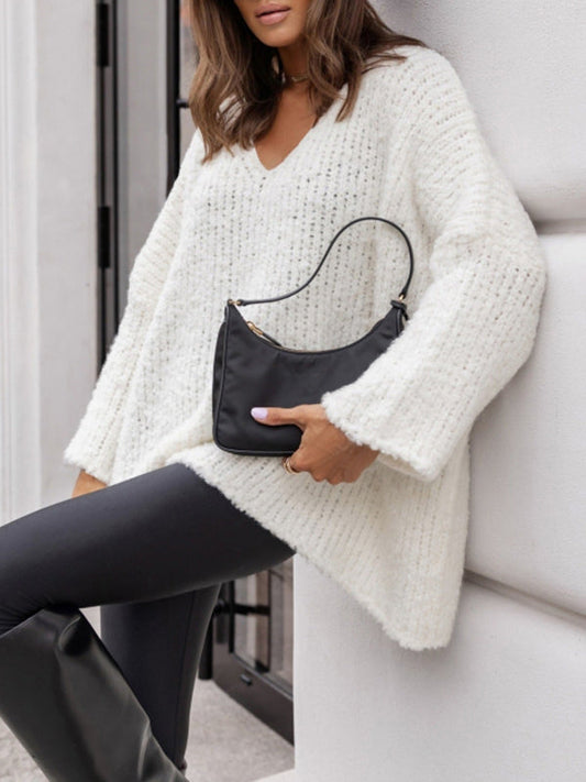Ribbed Knit Loose Fit V-Neck Pullover Sweater 