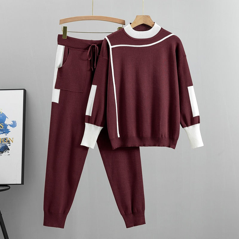 Women’s Knitted Two-Piece Set – Relaxed Fit – Mock Neck Top – Drawstring Pants – Ribbed Hems