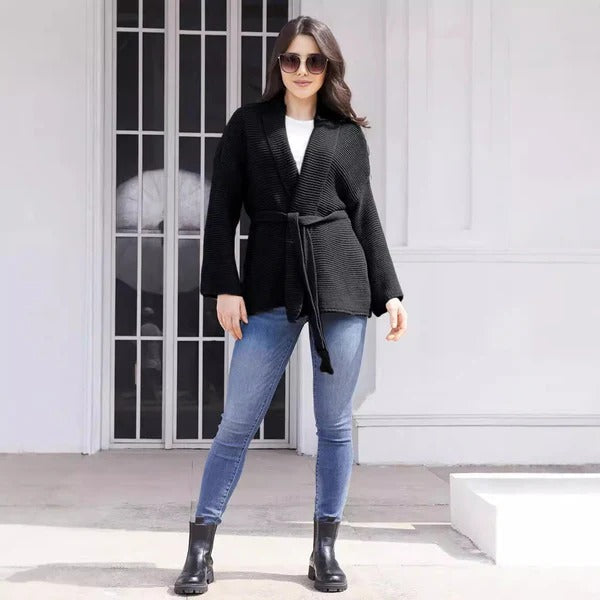 Women’s Cardigan – Relaxed Fit – Ribbed Knit – Shawl Collar – Belted Waist