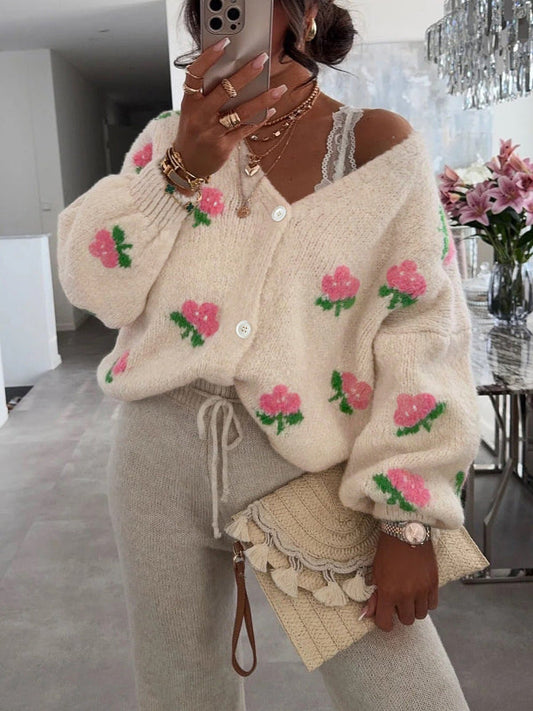 Wool Blend Oversized Floral Jacquard Knit Cardigan 