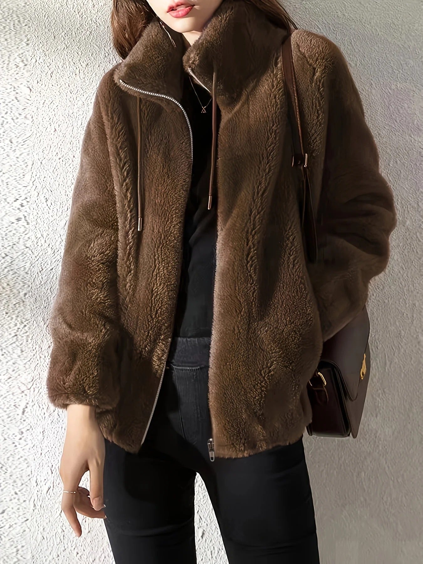 Women’s Jacket - Plush Texture - Stand-Up Collar - Hip Length - Relaxed Fit
