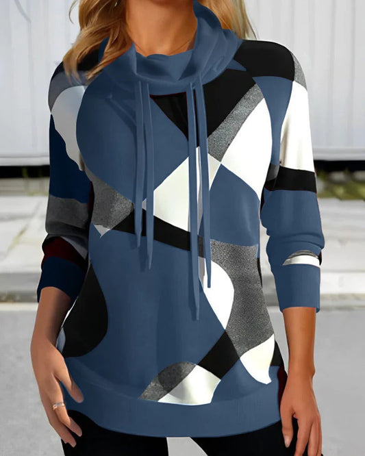 Soft Knit Cowl Neck Geometric Print Sweatshirt