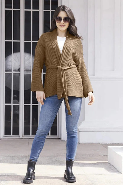 Women’s Cardigan – Relaxed Fit – Ribbed Knit – Shawl Collar – Belted Waist
