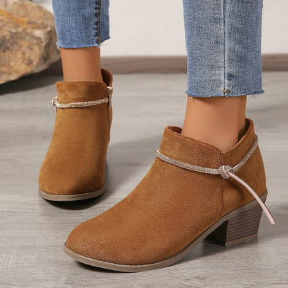 Women’s Ankle Boots – Suede Texture – Chunky Heel – Zip Closure – Adjustable Detail