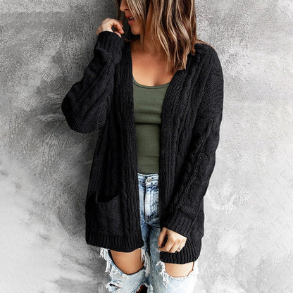 Women’s Knitted Cardigan – Relaxed Fit – Cable Knit – Open Front – Front Pockets