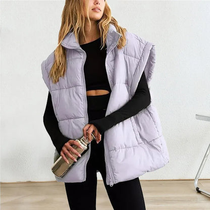 Women’s Puffer Vest – Quilted Insulated – Relaxed Fit – High Collar – Hip Length