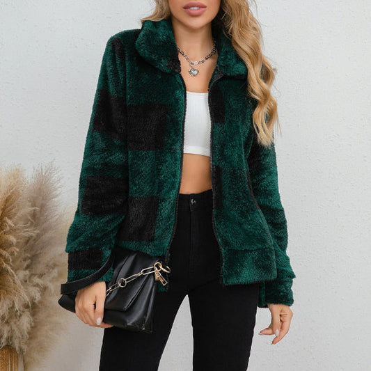 Faux Shearling Plaid Oversized Fit Jacket 