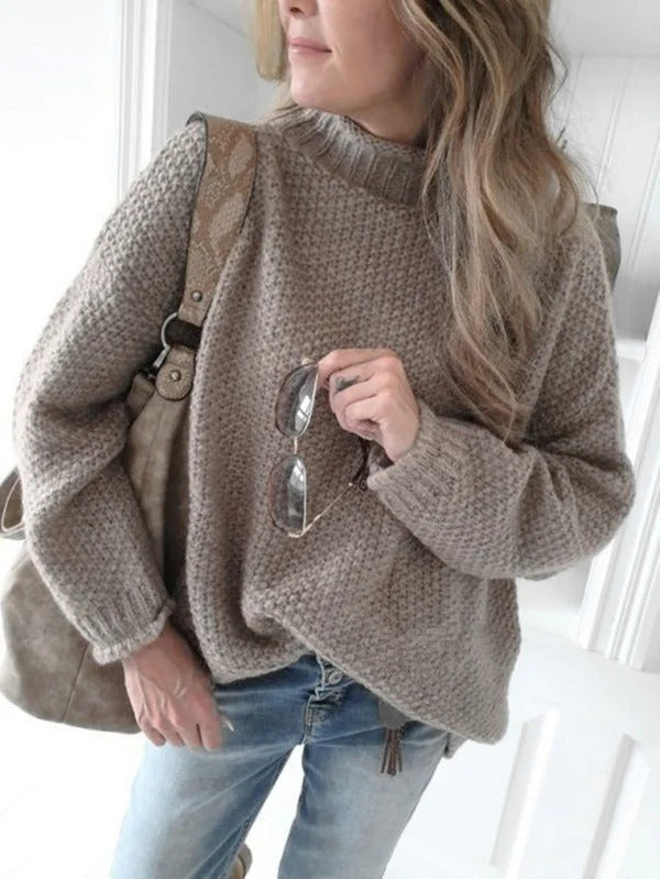 Women’s Pullover Sweater – Relaxed Fit – Textured Knit – Mock Neck – Long Sleeve