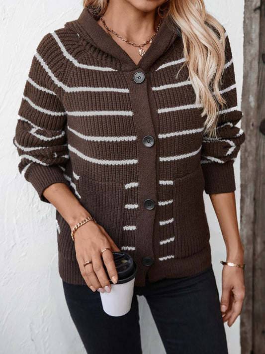Ribbed Knit Striped Hooded Cardigan Sweater 