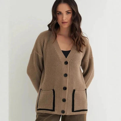 Women’s Knit Cardigan – Relaxed Fit – Wool Blend – Ribbed – V-Neck – Patch Pockets