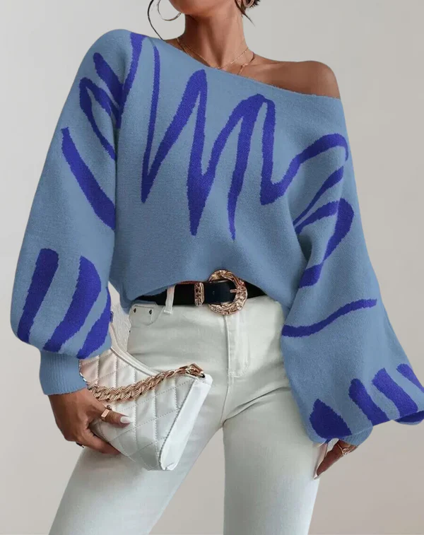 Women’s Off-Shoulder Top – Knitted Texture – Relaxed Fit – Lantern Sleeve – Cropped Style