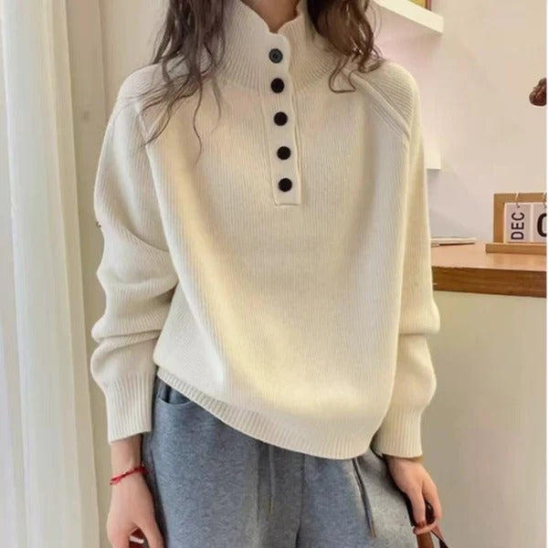 Women’s Knitted Pullover – Wool Blend – Relaxed Fit – Stand Collar – Button Front