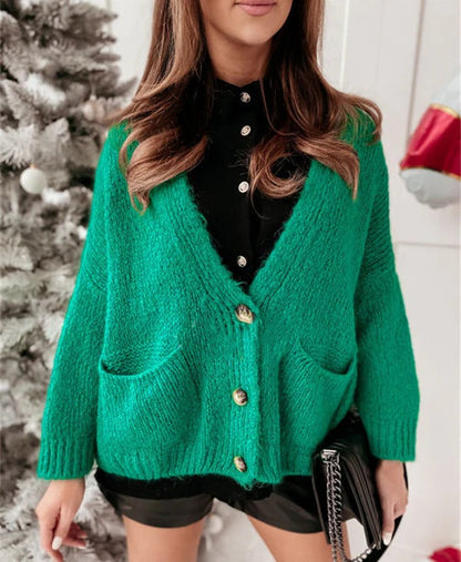 Women’s Cardigan – Oversized Fit – Knitted Texture – V-Neck – Button Front – Pocketed
