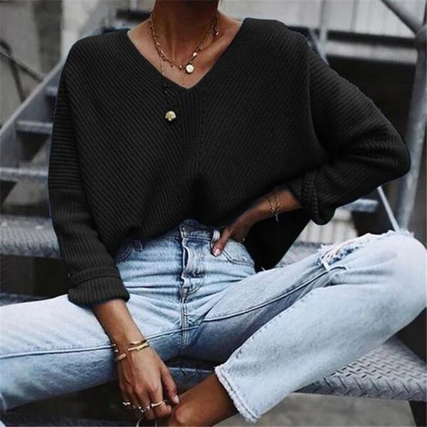 Women’s Knit Pullover – Chunky Ribbed Texture – Oversized Fit – V-Neck – Wide Sleeves