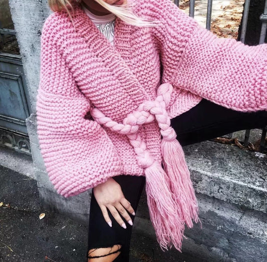 Chunky Oversized Braided Waist Belt Knit Cardigan 
