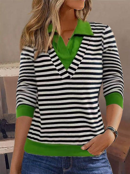 Women’s Sweatshirt – Relaxed Fit – Cotton Feel – Striped – Faux Layered Collar Design