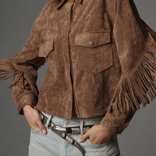 Fringe Sleeve Relaxed Suede Feel Cropped Jacket 