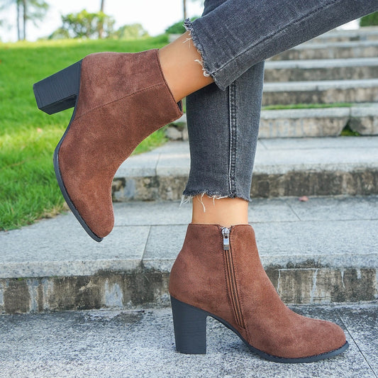 Suede Finish Structured Block Heel Ankle Boots 