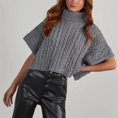 Women’s Knit Pullover – Chunky Wool – Cropped Oversized Fit – Turtleneck – Cable Knit