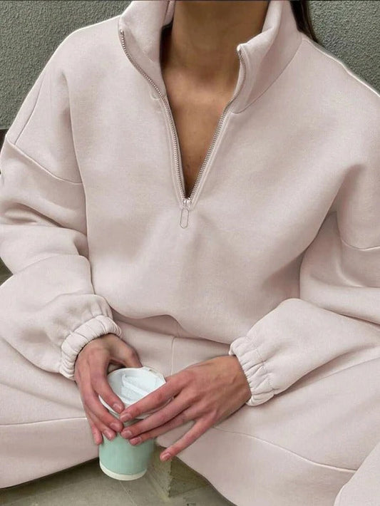 Oversized Cotton Zip High Neck Pullover 