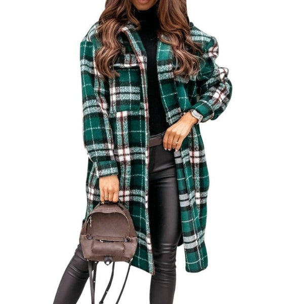 Wool Blend Oversized Checkered Knee Length Jacket 