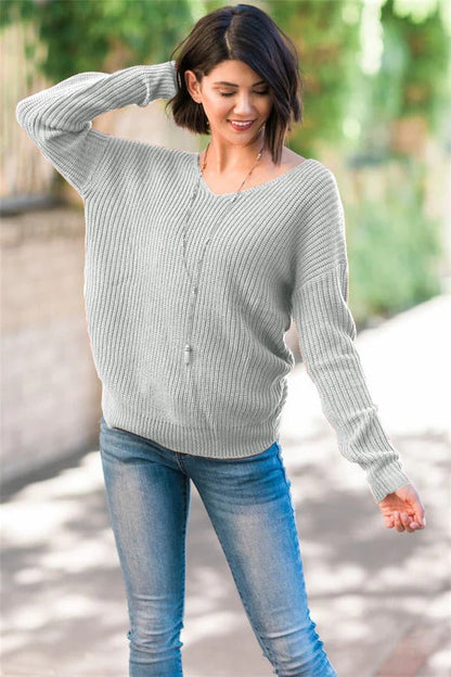 Women’s Pullover Sweater – Relaxed Fit – Wool Blend Knit – Open Back Twist – Long Sleeve