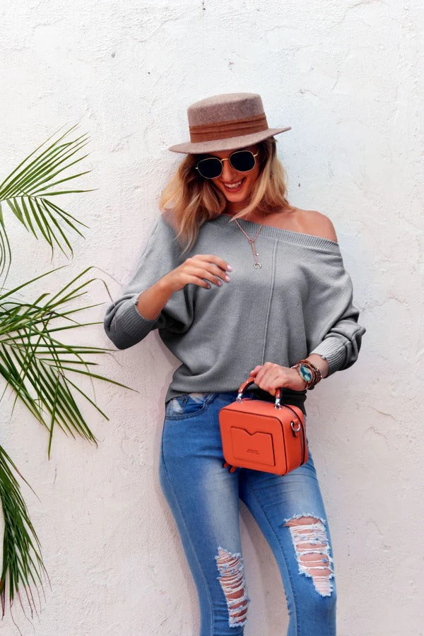 Women’s Pullover Sweater – Oversized Fit – Off-Shoulder – Soft Wool Blend – Wide Sleeve