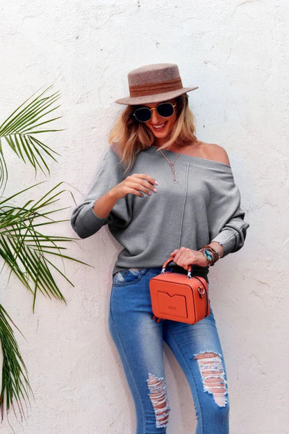 Women’s Pullover Sweater – Oversized Fit – Off-Shoulder – Soft Wool Blend – Wide Sleeve