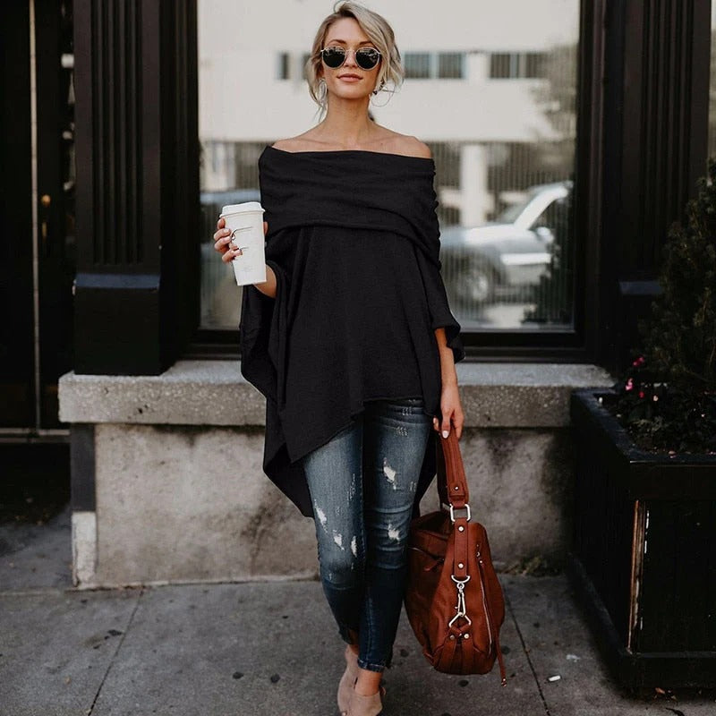 Women’s Long Sleeve Top – Off Shoulder – Relaxed Fit – Knitted Fabric – Asymmetrical Hem