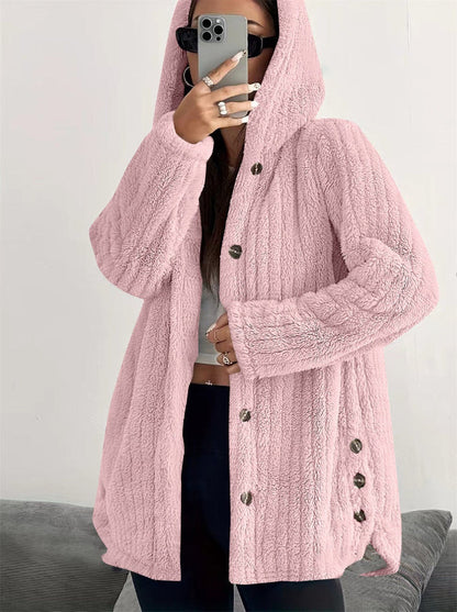 Women’s Plush Coat – Hooded – Loose Fit – Long Sleeve – Soft Faux Fur – Mid Thigh Length