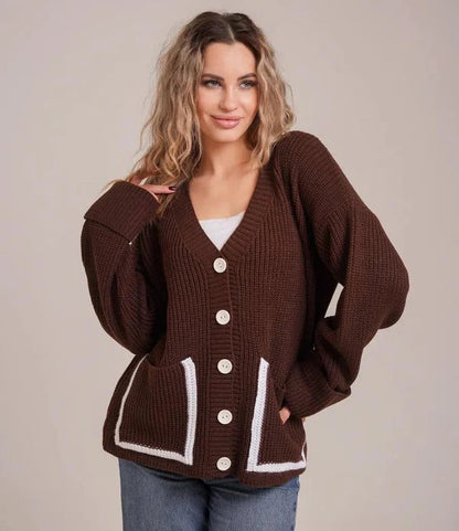 Women’s Knit Cardigan – Relaxed Fit – Wool Blend – Ribbed – V-Neck – Patch Pockets