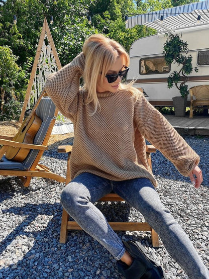 Women’s Pullover Sweater – Oversized Fit – Chunky Knit Wool – Crew Neck – Ribbed Trim