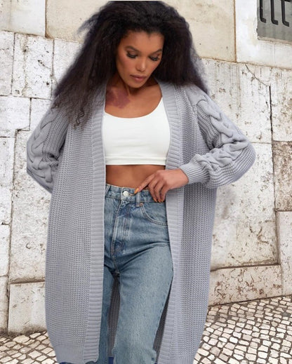 Women’s Knit Coat – Chunky Wool – Oversized Fit – Cable Sleeve – Long Open Front