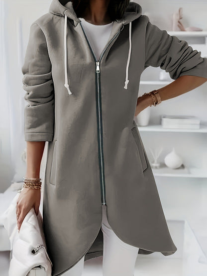 Women’s Long Hooded Sweater – Relaxed Fit – Fleece Lined – Asymmetrical Hem – Zip Front