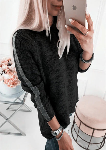 Women’s Knitted Sweater – Loose Fit – Soft Cotton Blend – Stripe Sleeve Detail