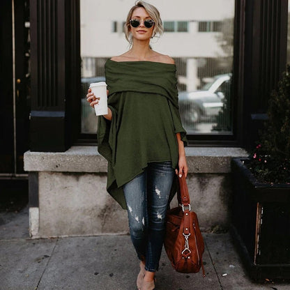 Women’s Long Sleeve Top – Off Shoulder – Relaxed Fit – Knitted Fabric – Asymmetrical Hem