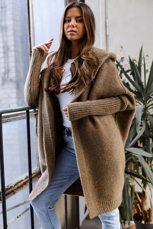 Women’s Knit Cardigan – Oversized Fit – Hooded – Open Front – Ribbed Trim Cozy Layer