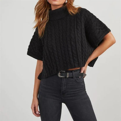 Women’s Knit Pullover – Chunky Wool – Cropped Oversized Fit – Turtleneck – Cable Knit