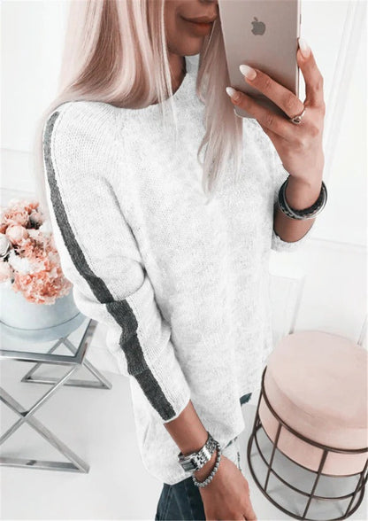 Women’s Knitted Sweater – Loose Fit – Soft Cotton Blend – Stripe Sleeve Detail