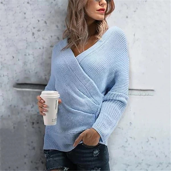 Women’s Wrap Sweater – Textured Knit – V-Neck – Relaxed Fit – Ribbed Hem – Hip Length
