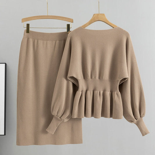 Peplum Balloon Sleeve Knit Two-Piece Suit 