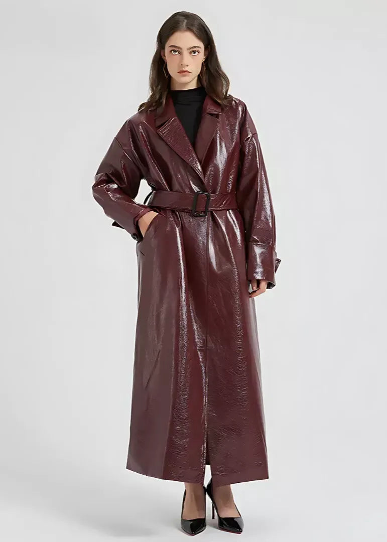 Glossy Vegan Leather Belted Slim Trench Coat 