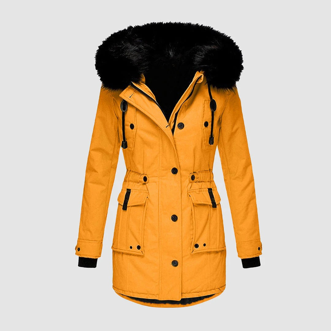 Women’s Long Coat – Tailored Fit – Faux Fur Hood – Waist Belt – Full-Length Warmth