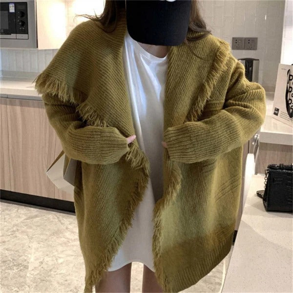 Oversized Frayed Edge Knit Cardigan 