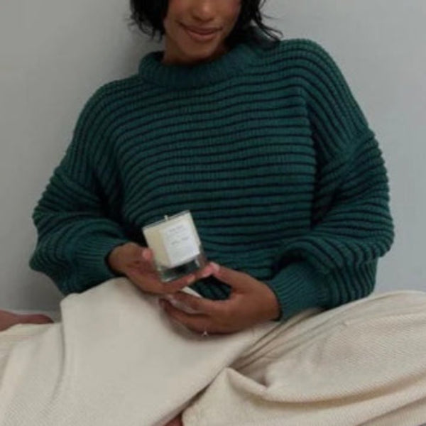 Women’s Knit Sweatshirt – Oversized Fit – High Collar – Ribbed Wool Blend – Long Sleeve