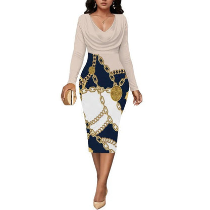 Women’s Midi Dress – Fitted Silhouette – Wrap Neckline – Long Sleeve – Chain Detail