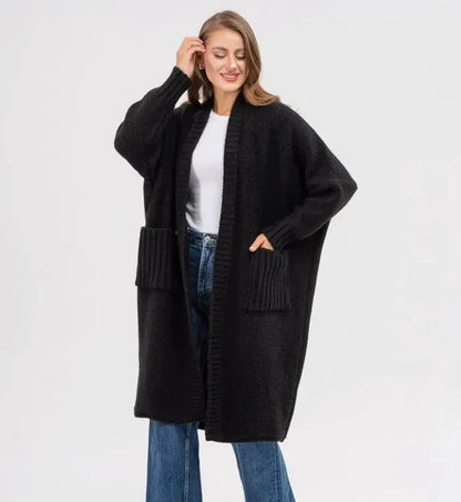 Women’s Cardigan – Oversized Fit – Soft Wool Texture – Longline Open Front with Pockets