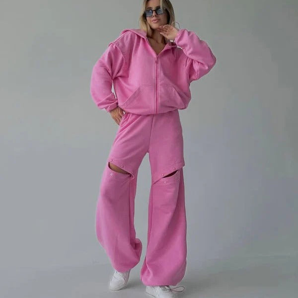 Women’s 2-Piece Loungewear Set – Relaxed Fit – Hooded Zip Top – Wide-Leg Pants with Cut-Outs