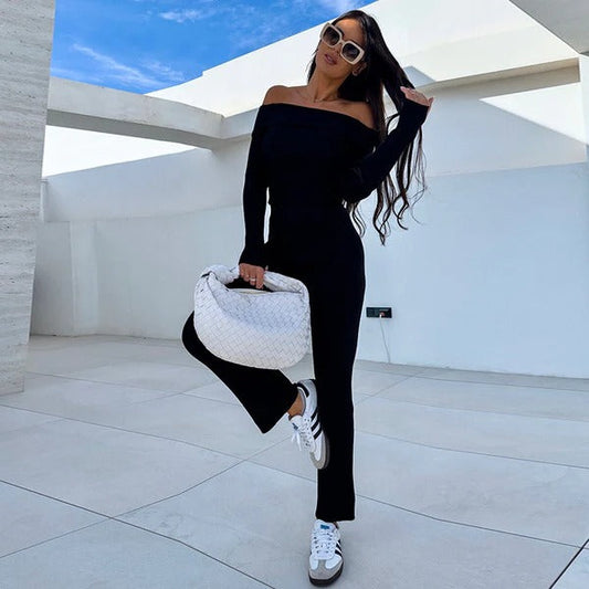 Slim Knit Off-Shoulder Flared Leg Jumpsuit 